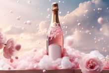 Pink Champagne Bottle With Clean Label For Product Design Against Pastel Fluffy Clouds And Sky. Creative Concept Of Pink Sparkling Wine. 3d Render Illustration Style. 