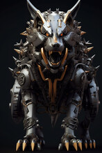 A Close Up Of A Statue Of A Dog. Evil Steampunk Statue Or Mechanical Creature.