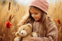 Little Girl  Hugging A Stuffed Animal, Autumn Background