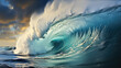 © GraphicsRF - A tumultuous sea during a storm, giant waves capped with frothy white under a dramatic, cloudy sky.