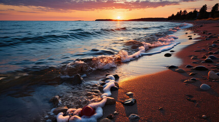 An unspoiled beach with the radiant sun setting over the calm sea, the horizon ablaze with vibrant hues.