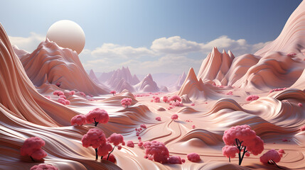 Wall Mural - beautiful fantasy alien planet, Desert landscape with pink trees and blue sky in 3d render