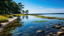 A Tranquil Coastal Scene Featuring A Marshland, The Calm Water Reflecting The Green Hues Of The Lush Vegetation.
