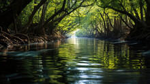 A Placid Mangrove Forest At High Tide, Its Green Canopy Reflecting In The Still Waters.