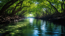 A Placid Mangrove Forest At High Tide, Its Green Canopy Reflecting In The Still Waters.