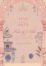 Traditional Mughal Wedding Invitation Card Design. Save The Date Invitation Card With Decorative Elements For Printing Vector Illustration.
