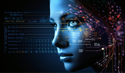 The head of a digital woman with technology, the development of artificial intelligence, programming