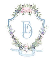 Wall Mural - Painted wedding monogram ED initial. Watercolor crest olive and hydrangea flower frame Hand drawn template.