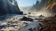 A secluded rocky beach under the midday sun, the crashing waves spraying a mist into the air.
