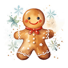 Christmas Gingerbread, Gingerbread Man Food For The Winter Holidays Watercolor Hand Draw Isolated On White Background.