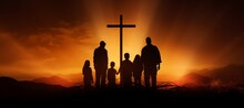 Silhouette Of Christian Family Pray At The Hill And Christ Cross. Generative AI Technology.