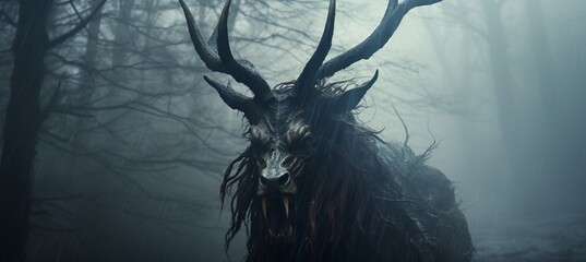 Deer head evil creepy creature at haunted foggy forest background. Generative AI technology.