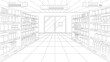 © Flash Vector - Supermarket or grocery store aisle, perspective sketch of interior vector illustration. Abstract black line retail shop inside, hypermarket shelves full of food products and variety of packages