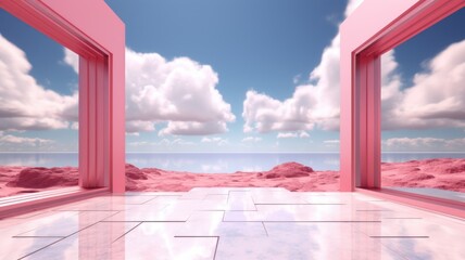 Wall Mural - 3d rendered Abstract aesthetic background. Surreal fantasy landscape. Water, pink desert, neon square shape chrome metallic gate under the blue sky with white clouds. Virtual reality wallpaper