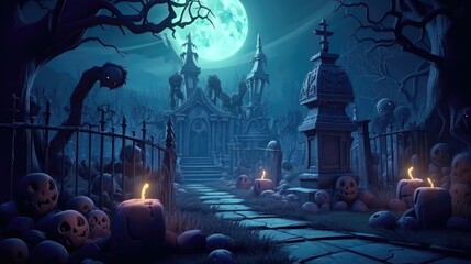 Poster - Abandoned graveyard at twilight. Halloween concept. For Halloween event organizer, costume shop, ghost tour operator.