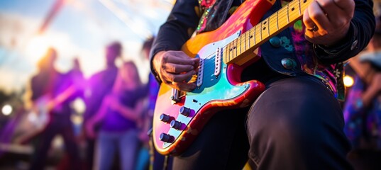 Wall Mural - Guitarist perform at concert bokeh background. Generative AI technology.