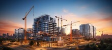 City Building Construction Sites Development And Tower Cranes. Generative AI Technology.