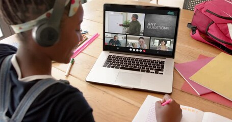 Poster - Composition of african american schoolgirl on laptop online learning with teacher and schoolchildren