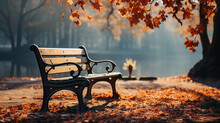 A Bench In An Autumn Park Landscape In The Morning Fog And Tranquility Background With A Copy Of Space. Generative AI
