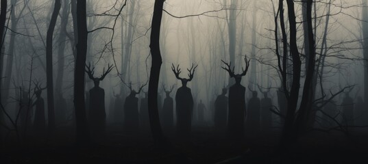 Spooky dark cult at haunted foggy forest background. Generative AI technology.