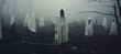 Creepy evil cult at haunted foggy forest background. Generative AI technology.