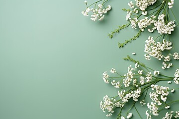  Small white gypsophila flowers on pastel green background with copy space. Women's Day, Mother's Day, Valentine's Day, Wedding concept. Flat lay. Top view.