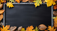 Background Frame School Chalkboard Black Framed With Yellow Autumn Leaves. Generative AI