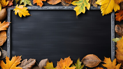 background frame school chalkboard black framed with yellow autumn leaves. generative ai