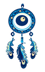 Wall Mural - Ornate dream catcher with feathers and evil eye. Vector abstract illustration