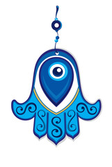 Wall Mural - Turkish eye. Hamsa, blue greek pattern on hand, greece print or glass amulet. Luck and protection sign, mystical talisman. 