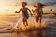 © Uros - Happy kids running, playing and splashing on the beautiful beach in sunset. Generative AI