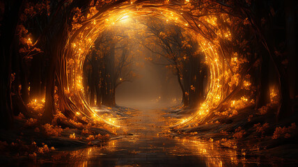 luminous arch tunnel in the trees alley in golden leaves autumn background. Generative AI