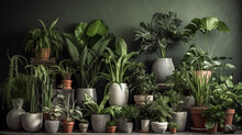 Plants In Pots At Wall Background, Realistic Houseplants Potted In Flowerpots In Row, Many Plants In Pots By AI Generative