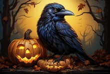 Halloween Pumpkin And Black Raven. Generative AI