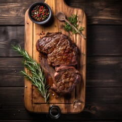 Wall Mural - Grilled meat barbecue steak on wooden cutting board with rosemary and copy space. Top view.