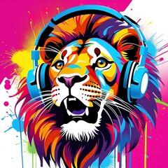 Wall Mural - lion head illustration graffiti color splash T-Shirt design   generative AI image.