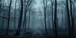 © AkimD - AI Generated. AI Generative. Mist magic fog night dark forest tree jungle landscape background. Scary nature outdoor adventure explore travel vibe style. Graphic Art