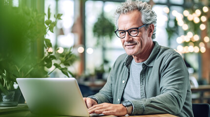 Wall Mural - Old man working on laptop computer in cafe at table. Grandfather man in glasses using laptop, by AI generative