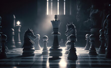 Set Of Chess Pieces Element Stating On Chessboard, Queen Rook. Cinematic Lighting. Leadership, Teamwork, Partnership, Business Strategy, And Decision Concept. Generative Ai.