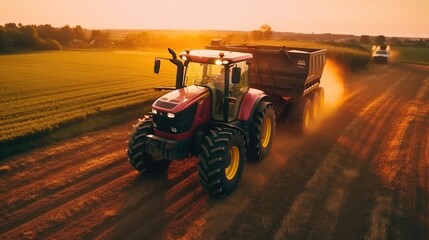 Agricultural vehicle works at sunset in countryside. Generative AI