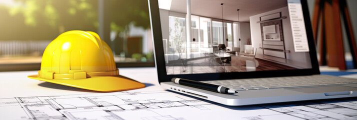 Digital design through architectural design software on laptop screen with documents and design plan on office desk - technology and traditional design method.