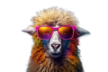 Wall Mural - Abstract of fashion style sheep wearing sunglasses portrait isolated on clean png background, sheep fur multi colored colorful on skin body  and hairs paint, with Generative AI.