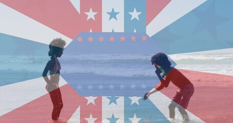 Poster - Animation of flag of america over african american children playing in water at beach