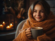 canvas print picture - Woman holding a cup of coffee. Drink morning. A girl in a cozy house drinks a hot drink.