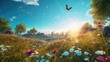 Dreamland fantasy landscape with a meadow covered by spring flowers. Generative AI