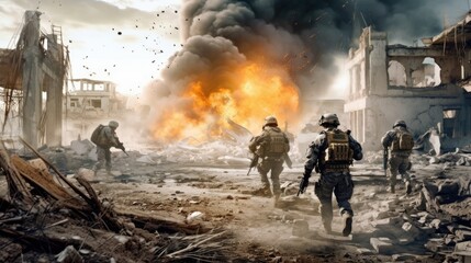 Canvas Print - Military special forces soldiers crosses destroyed warzone through fire and smoke 