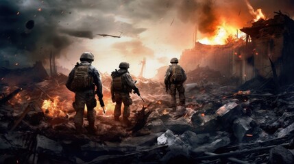 Canvas Print - Military special forces soldiers crosses destroyed warzone through fire and smoke 