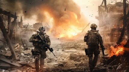 Canvas Print - Military special forces soldiers crosses destroyed warzone through fire and smoke. Generative AI