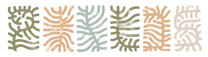 Geometric shape branches with bold brush strokes. Matisse inspired neutral colored branch with long leaves. Abstract doodle grunge naive style twig. Abstract vector plants in geometric rectangle shape