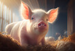 illustration portrt of sad little pig in suny rays on the farm .